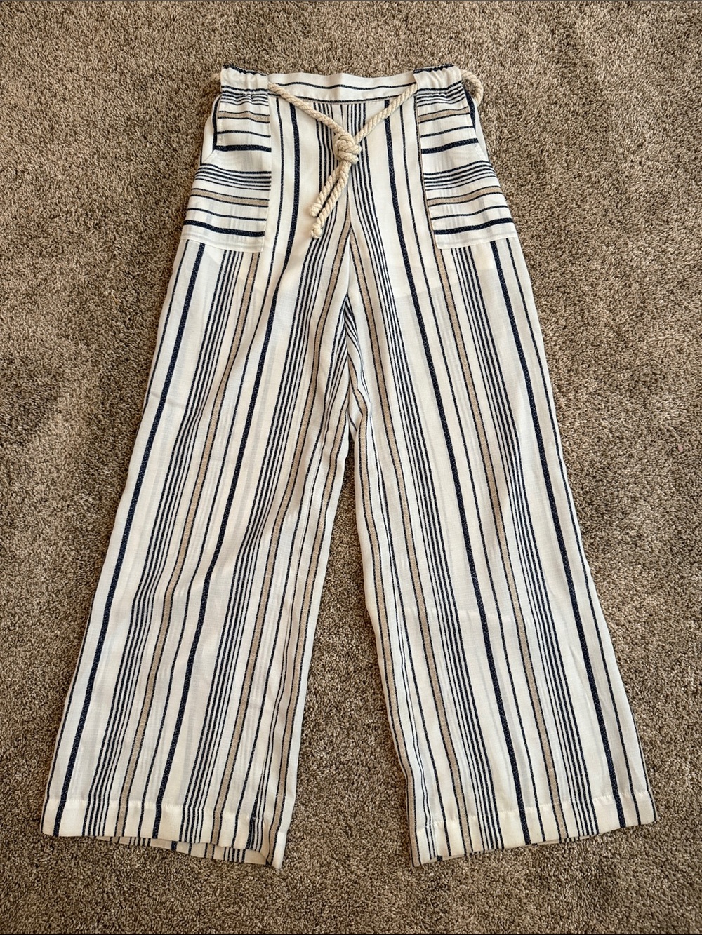 Cream & Navy Striped Wide-Leg Drawstring Pants